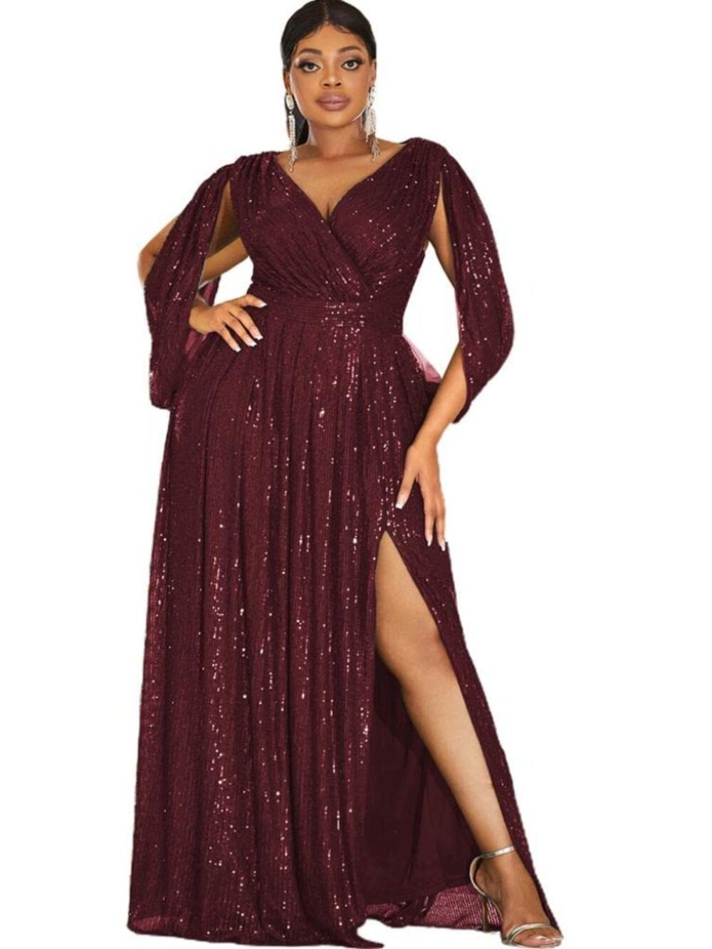 Flare Sleeve V Neck Side Split Sequin Formal Dress N178